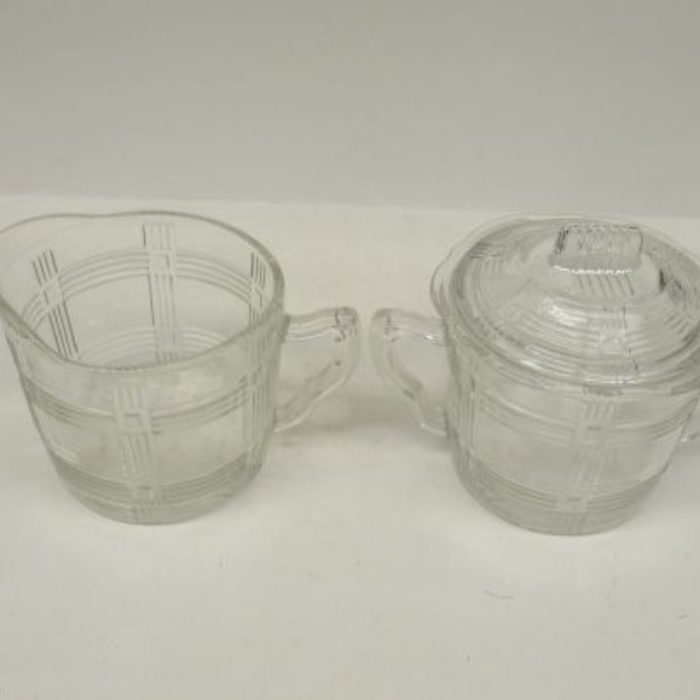 Hazel Atlas Crystal CRISS CROSS CRISSCROSS Creamer, Sugar Bowl and Lid - Scarce